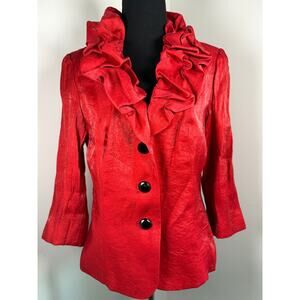 André Oliver Red Ruffle Collar Shimmer Jacket Blazer Size 6 Y2K Partycore